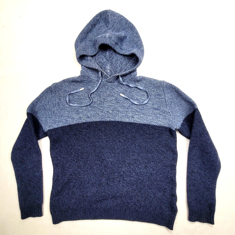 Calvin Klein Hoodie Sweater L Blue Knit Pullover Two-Tone Cotton Blend Casual